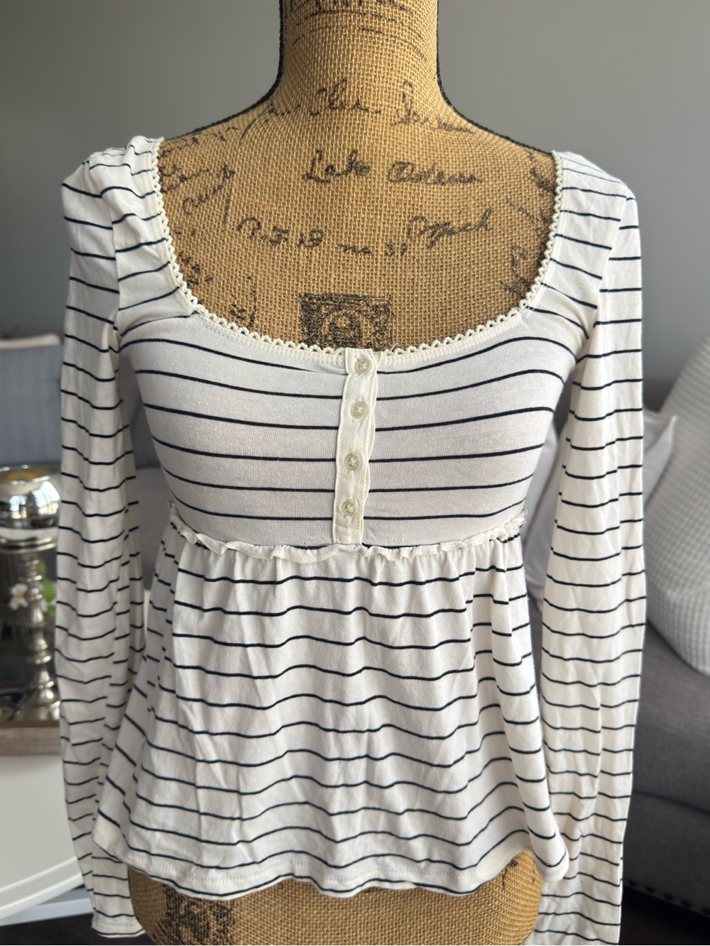 Hippie Rose White and Black Striped Scoop-Neck Long Sleeve Top